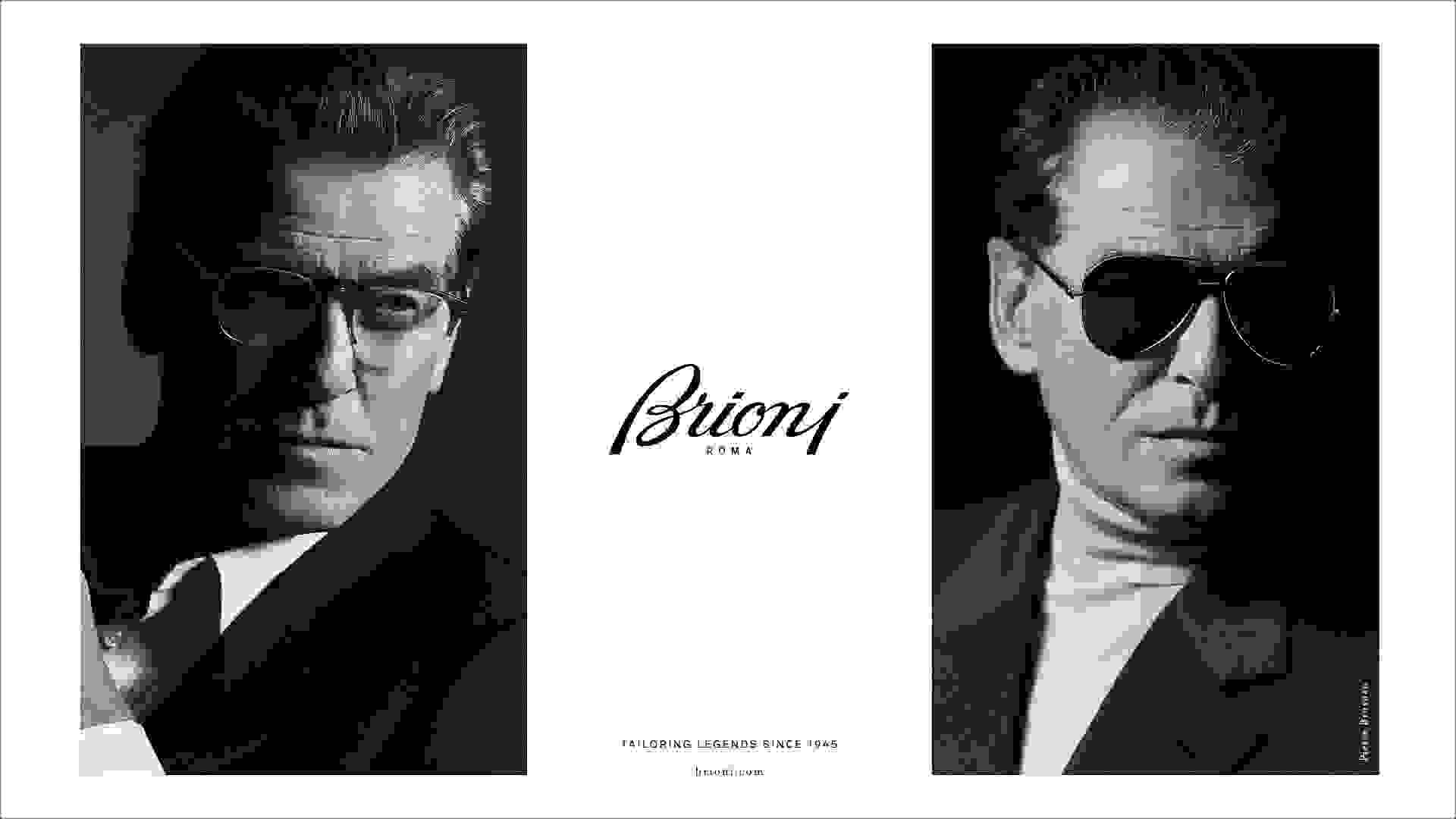 Rechts und links jeweils ein schwarz-weiß Bild von einem Mann mit Brioni Eyewear und in der Mitte das Brioni Logo.
