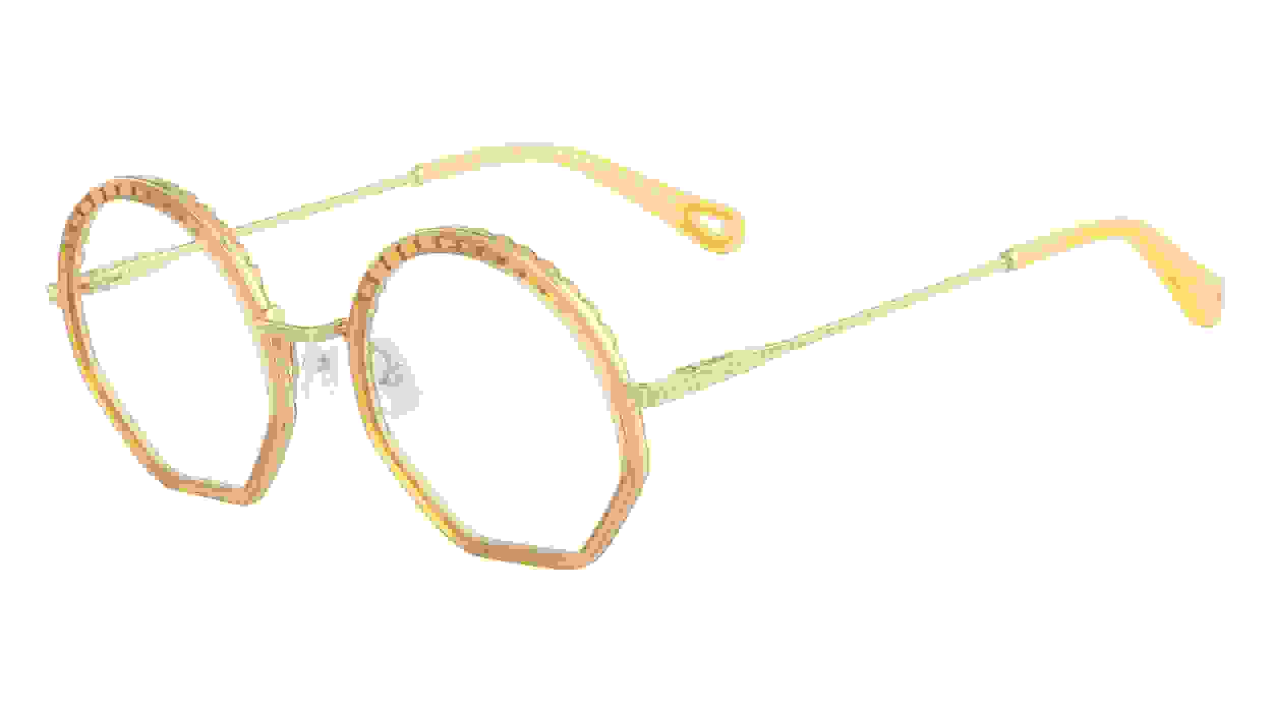 Nahaufnahme von einer Cloé Korrekturbrille mit goldenem Rahmen und Bügeln und runden Brillengläsern.